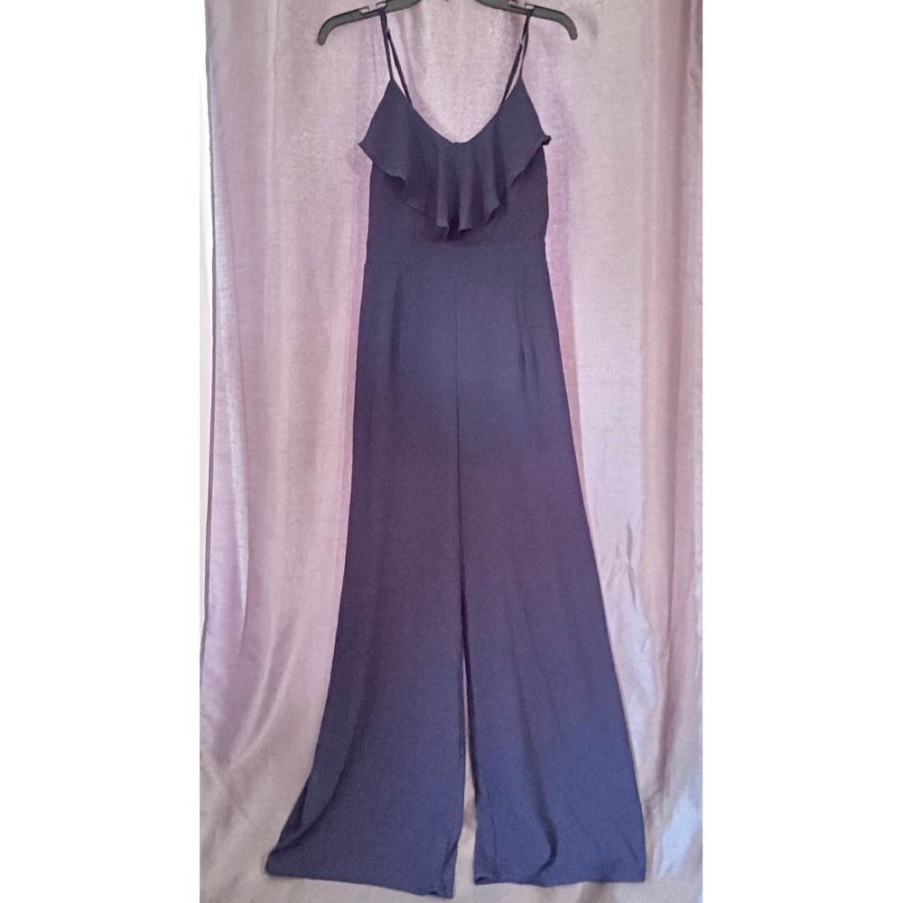 Shinestar Navy Blue Ruffle V-Neck Wide Leg Jumpsuit Women Small Adjustable Strap